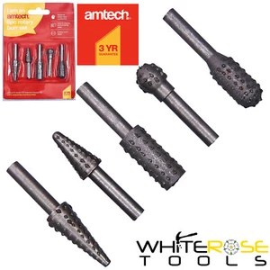 Amtech Rotary Burr Set 1/4" 6mm Shank Wood Rasp Polishing Drill Bits 5pc E1500 - Picture 1 of 3