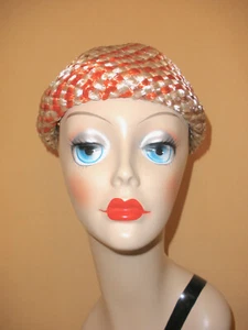 Very Pretty 1960's Cream White, Light Beige, & Orange Woven Raffia Hat w/ Ribbon - Picture 1 of 8