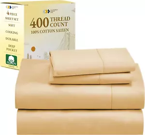 Beige Full Size Sheets Set, 400 Thread Count 100% Cotton Sateen, Soft & Breathab - Picture 1 of 9