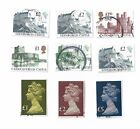 UK Elizabeth II High Values definitive stamps x 9, used,  off paper
