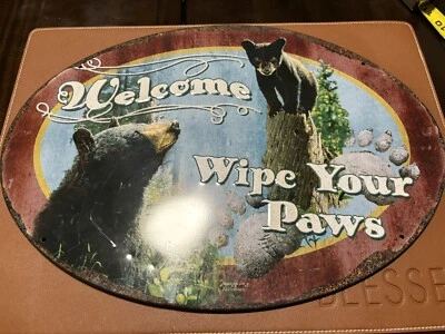 Metal Wall Sign/Decor Bear 14” X 11” Oval Welcome Wipe Your Paws - Image 1 of 4