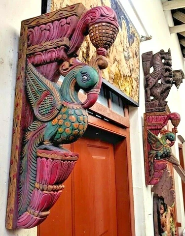 Antique Wooden Wall Corbel Bracket Pair Peacock Vintage Sculpture Shelf Decor US Cover
