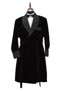 Men Black Smoking Long Gown Quilted Lapel Velvet Belted Dinner Party Long Coats - Picture 1 of 4