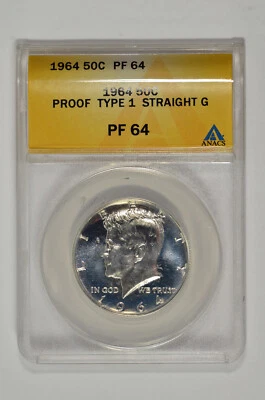 1964 Type 1 Straight G Silver Proof 50C Kennedy Half Dollar ANACS PF 64 - Image 1 of 2