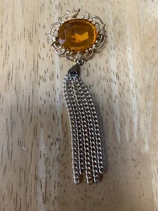Broche Vintage Tono Dorado con Piedra Ámbar 12mm y 5 Cadenas Colgantes 907d - Imagen 1 de 3
