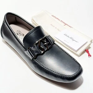 Ferragamo 11.5 D PETER Black Calf Leather Men's Gancini Loafers Drivers Dress - Picture 1 of 5