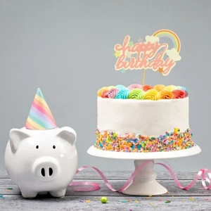 Rainbow Cloud Stars Happy Birthday Pink Colour Girl Baby Paper Cake Topper Party - Picture 1 of 5