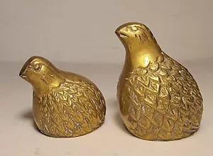 Vintage Small Pair 2 Brass Quail Partridge Mid Century Modern Paperweight - Picture 1 of 5