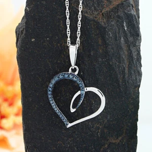 Heart Pendant Necklace Real Blue Diamond 14K White Gold Plated Sterling Silver - Picture 1 of 7