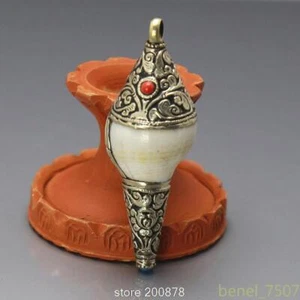 1PC Tibetan Silver Cap Natural Conch Shell Large Pendant Conch Decoration Art - Picture 1 of 5