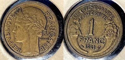 France 1941 1 Franc KM-885 Copper-aluminum aUNC #BB16 - US Seller - Image 1 of 2