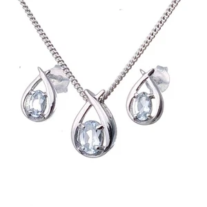 Conjunto de aretes collar aguamarina natural plata de ley piedras preciosas azules - Imagen 1 de 9