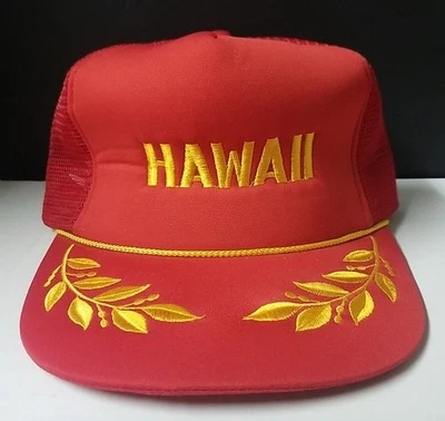 Sombrero de camionero vintage Hawaii color rojo y dorado floral con malla de cuerda trasero Foto 1 de 4