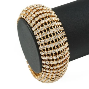 Statement 9 Row Clear Austrian Crystal Domed Bracelet with Tongue Clasp In Gold - Picture 1 of 4