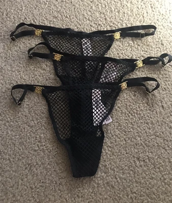 Sexy Tanga Victoria Secret Para Mujer Talla Mediana Tanga Tanga 3 Pk Malla Negra ¡NUEVO! Foto 1 de 4