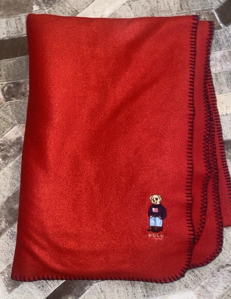 Ralph Lauren Polo Bear Soft Fleece Blanket Red Embroidered Logo Red/Black 53x70 - Image 1 of 4