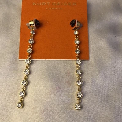 Kurt Geiger 金色微型鹰头和圆形线性水晶吊坠耳环全新带标签 — 第 1/4 张图片