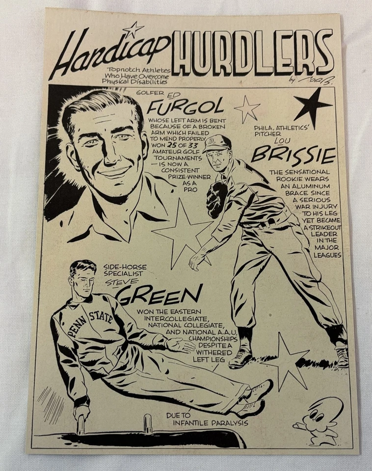 Página de dibujos animados 1949 ~ Handicap Hurdles ~ Lou Brissie, Ed Furgol, Steve Green Foto 1 de 1