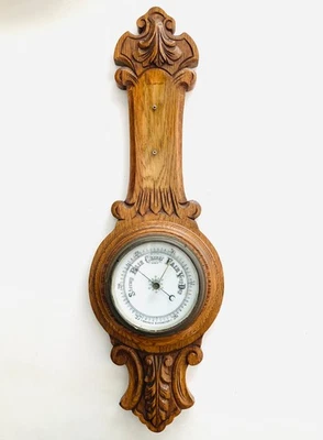 Antiguo barómetro banjo victoriano tallado madera maciza de roble, 1860 Foto 1 de 4