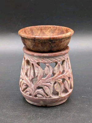 Vtg Carved Soapstone Wax or Oil Warmer 2 Piece Floral Vine Tea Light 3.25" - Image 1 of 4