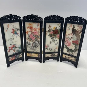 "Pantalla de habitación plegable china de colección 4 paneles impresión ornamentada 9"" doble cara limpia" - Imagen 1 de 9