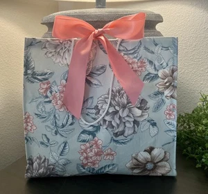 Blue and pink floral print fabric with pink satin ribbon gift bag reusable - Picture 1 of 6