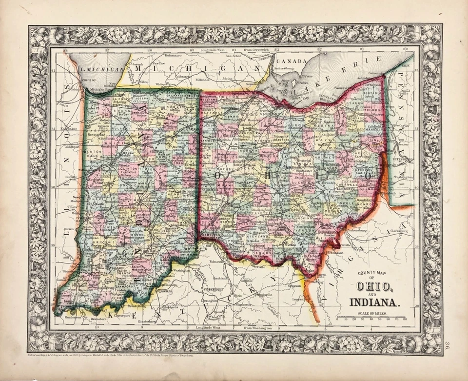 1864 OHIO - INDIANA Map ORIGINAL  (13X10.5) RAILROADS - COUNTY - TOWNSHIPS - Image 1 of 4
