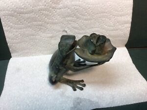 Whimsical Vintage Bronze Frog Candle Stick with lily pad 4 inches tall