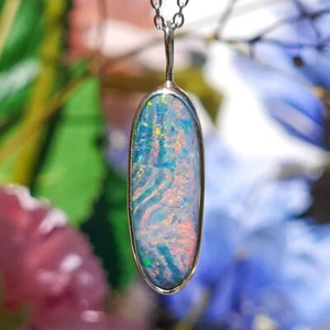 Pink Australian Opal Necklace, Coober Pedy Opal Doublet, Silver Opal Necklace - Picture 1 of 8
