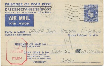 GB 1943 SUPERB Prisoner of War Aerogramm George VI 2½d LIVERPOOL to ITALY - Image 1 of 4