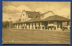Northern Pacific Railroad Depot North Yakima Washington wa 1912 sepia postcard - Picture 1 of 2