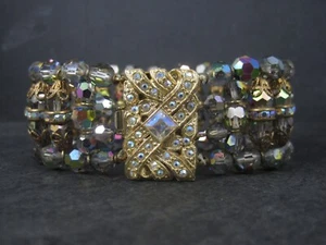 Wide Vintage Smoky Aurora Borealis Rhinestone Bracelet 7.5 Inches - Picture 1 of 9