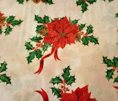 Joy To The World BTY Lisa Conlin Quilting Treasures Red Poinsettia Green Ecru - Image 1 of 3