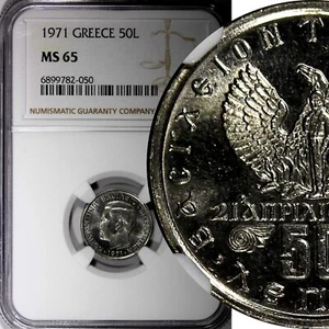 GREECE Constantine II Copper-Nickel 1971 1 Drachma NGC MS65 GEM BU  KM# 98 (50) - Picture 1 of 5