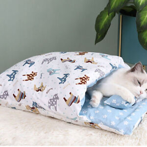 Washable Pet Cat Dog Beds Winter Warm Kitten Sleeping Bag with Cushioned Pillow