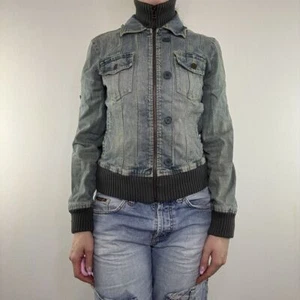 Y2K vintage denim jacket faded denim yellow contrast stitch zip up - Picture 1 of 8