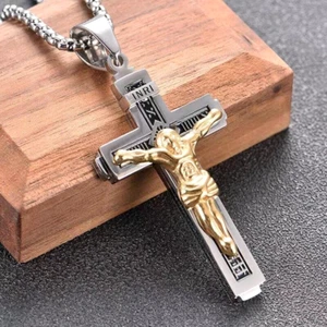 Jesus Christ Crucifix Cross Pendant Men's Christian Catholic Necklace Chain 24" - Picture 1 of 4