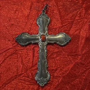 Large Antique Ornate Sterling Silver Pendant Cross With Amber Gem Stone - Picture 1 of 5