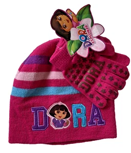 Dora the Explorer Winter Hat & Gloves Set Fuchsia, Pink, Blue & Purple Stripes - Picture 1 of 2