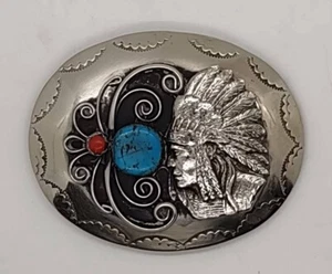 Vintage Native American Coral Turquoise Belt Buckle - Picture 1 of 4