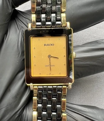 Rado DiaStar Gold & Black High-Tech Ceramic Watch Rectangular Swiss Quartz - Imagen 1 de 4