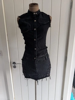 Punk Rave Denim Mini Dress Size Small Black Button Up Waistcoat Skirt - Image 1 of 4