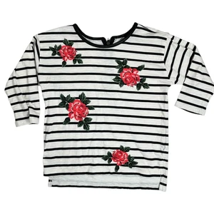 Neu ohne Etikett Forever 21 Mädchen Kind schwarz weiß gestreift Blumenmuster Langarmshirt - Größe M - Bild 1 von 5