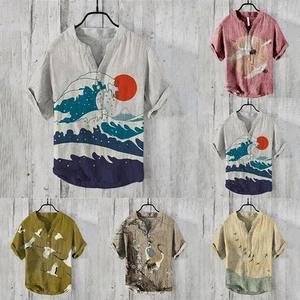 Mens Button V Neck Holiday Pullover Tee Japanese Art Print Casual Shirt - Picture 1 of 16