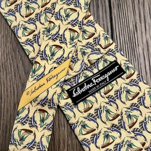 Salvatore Ferragamo Silk Tie Yellow Marlin Fish Boat Novelty Print 58.5" L ITALY - Picture 1 of 4