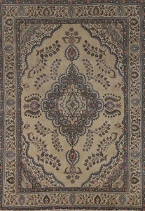 Vintage Floral Beige Wolle Tebriz Traditioneller Vorleger 8x11 Handgeknüpft Carpet - Bild 1 von 24