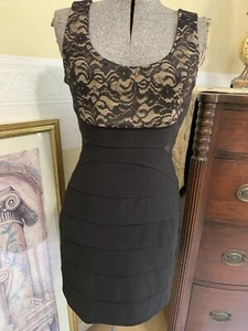 Black & Tan Lace Tiered Bodycon Dress w/ Triangular Peek a Boo Side Slits - Picture 1 of 14