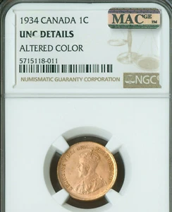 1934 CANADA CENT NGC MS64 PLUS ALTERED COLOR RARE MAC SPOTLESS . - Picture 1 of 2
