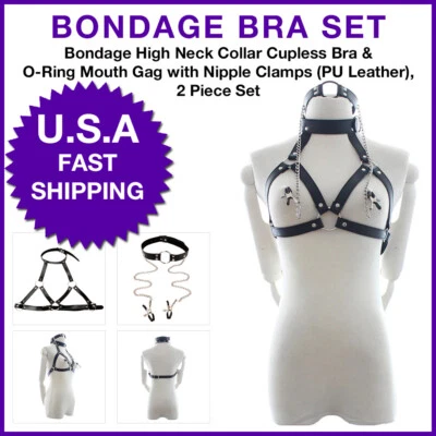 Sujetador sin copa cuello alto y mordaza bucal abrazaderas para pezones sujeción cuero lencería BDSM Foto 1 de 4