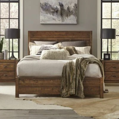 Rustic Platform Bed Frame King Size with Headboard Bedroom Solid Wood Walnut - Image 1 of 4